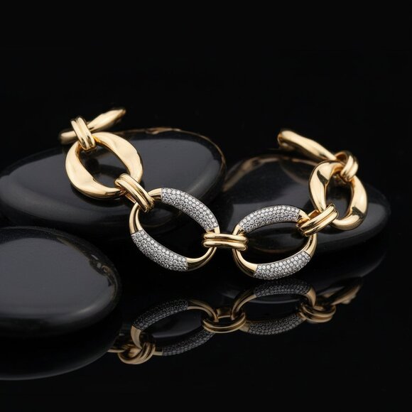 Bold Oval Link 14K (or 18k upon request) Yellow Gold Pave Bracelet